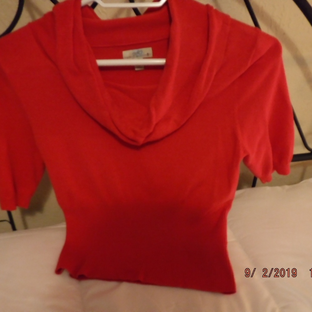 Red Cowl Neck Short Sleeved Sweater.